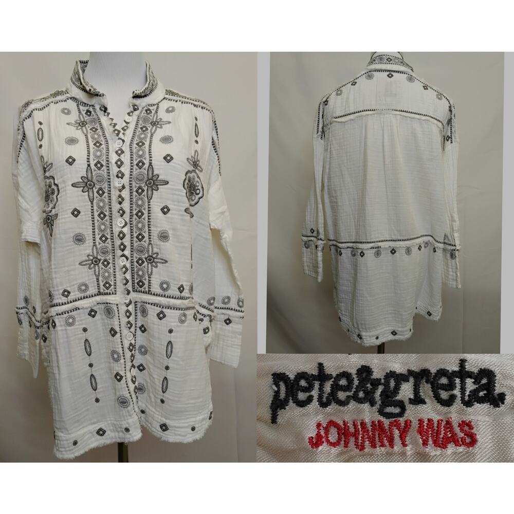 Johnny Was Pete + Greta Top Women's Small White Embroidered Gauzy Boho #Z5066